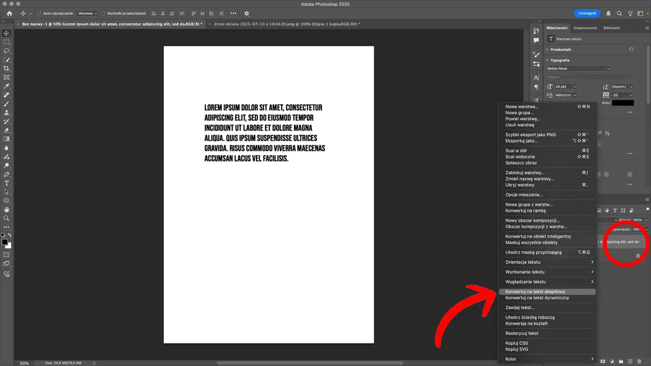 Ustawienia justowania Photoshop zaawansowane