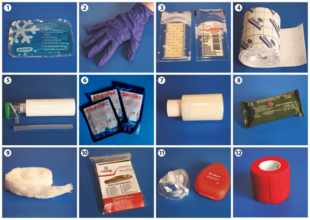 Zawartość apteczki pierwszej pomocy: opatrunki, plastry, bandaże