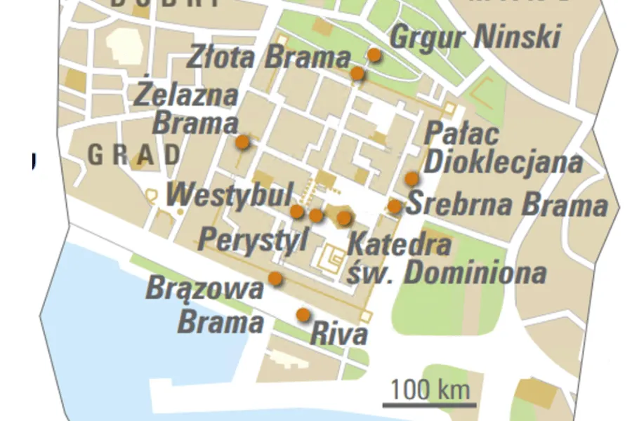 Mapa Splitu z zaznaczonymi dzielnicami kulinarnymi