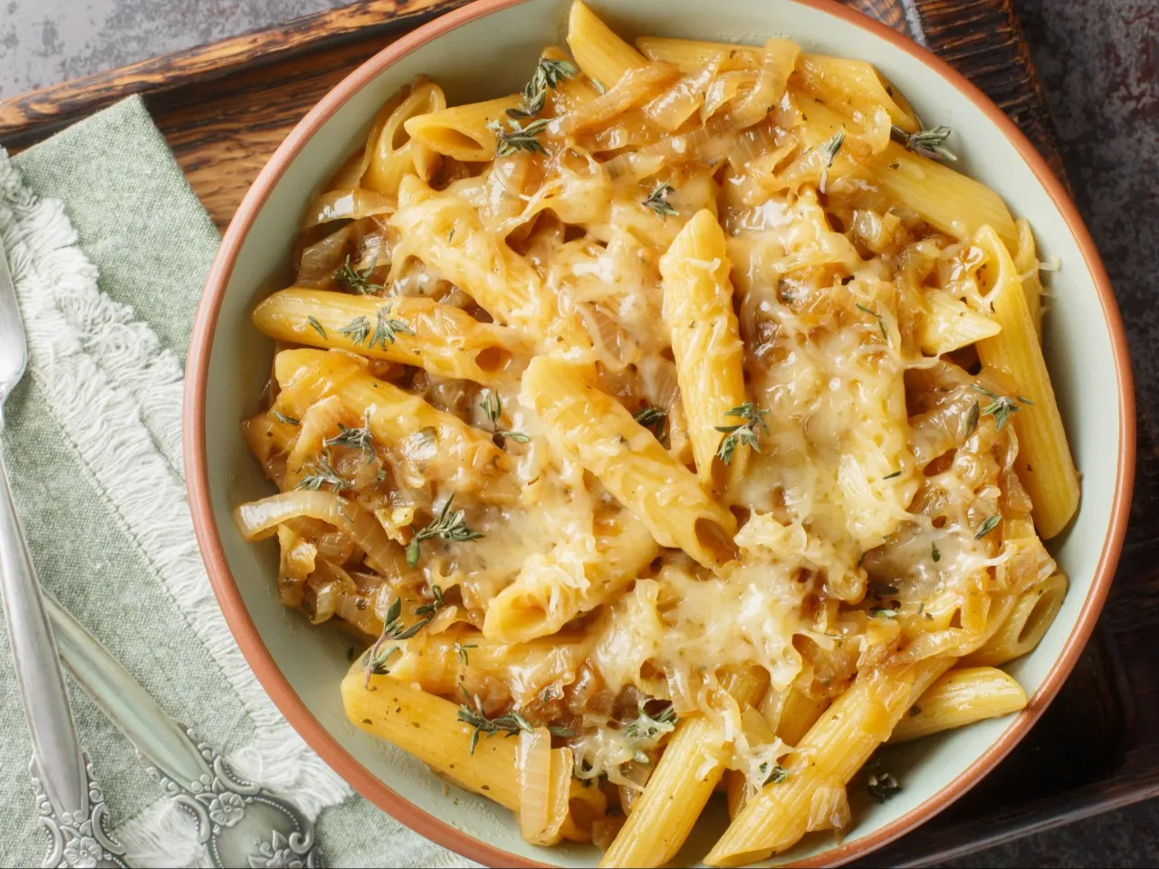 Penne z karmelizowaną cebulą i serem, idealne na obiad.