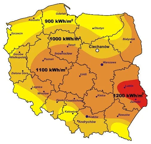 Mapa nasłonecznienia Polski dla fotowoltaiki