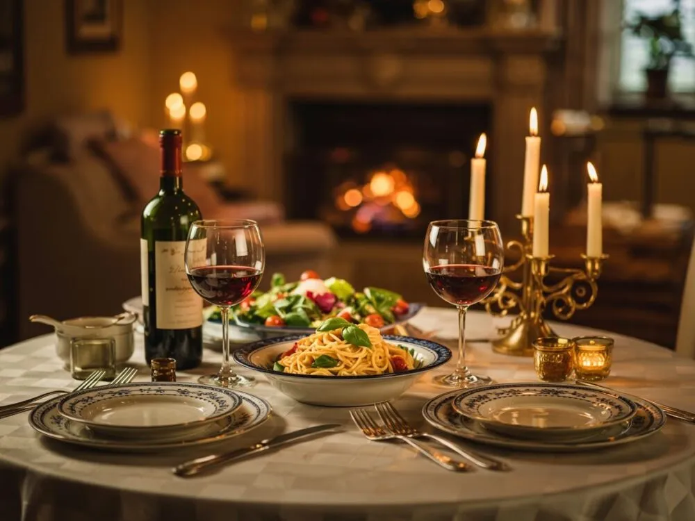 elegancko nakryty st&oacute;ł dla dwojga w restauracji na romantyczną kolację