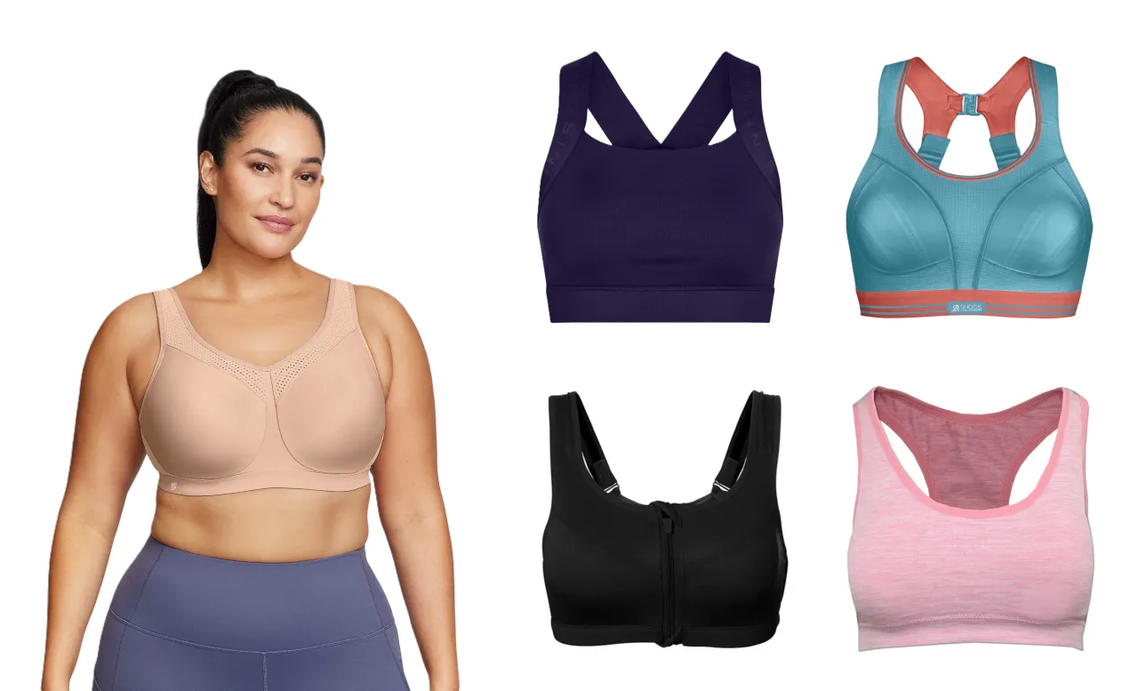 Kobieta z dużym biustem ćwicząca w źle dobranym staniku sportowym, odczuwająca dyskomfort