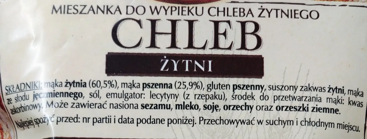 etykieta chleba żytniego skład