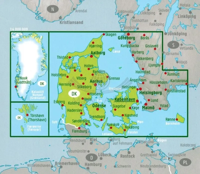 mapa Danii z Wyspami Owczymi i Grenlandią