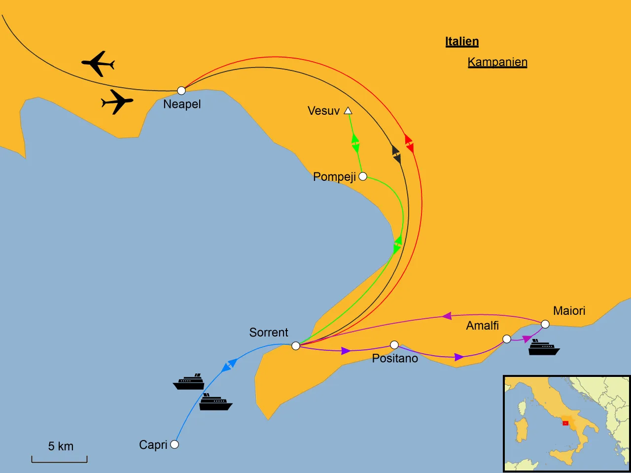 Karte Sorrent Halbinsel Tagesausfl&uuml;ge Pompeji Capri