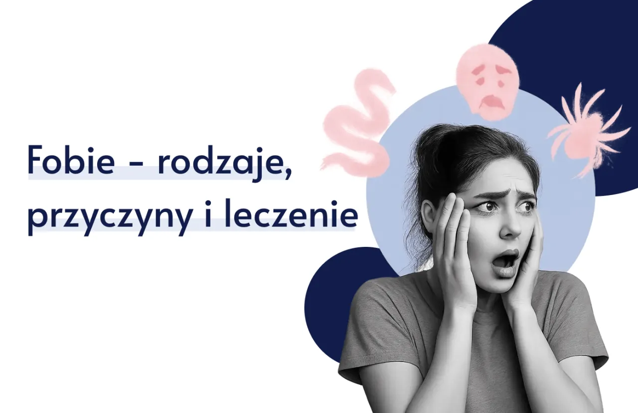 Przerażona kobieta, obok niej rysunki pająka, węża i smutnej twarzy. Tekst: 