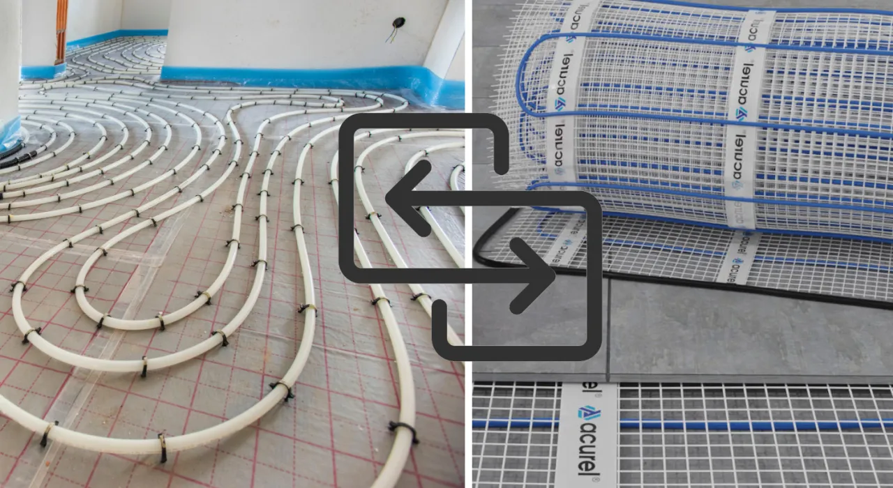 Instalacja ogrzewania podłogowego w bloku: białe rurki na siatce i gotowe maty grzewcze.