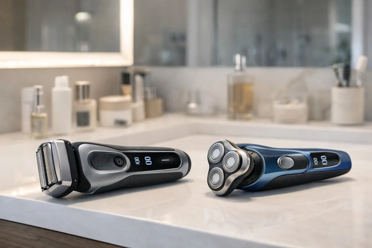Dwie nowoczesne golarki, jedna z folią, druga obrotowa, leżą na łazienkowym blacie. Pomagają zdecydować, jaką golarkę wybrać.