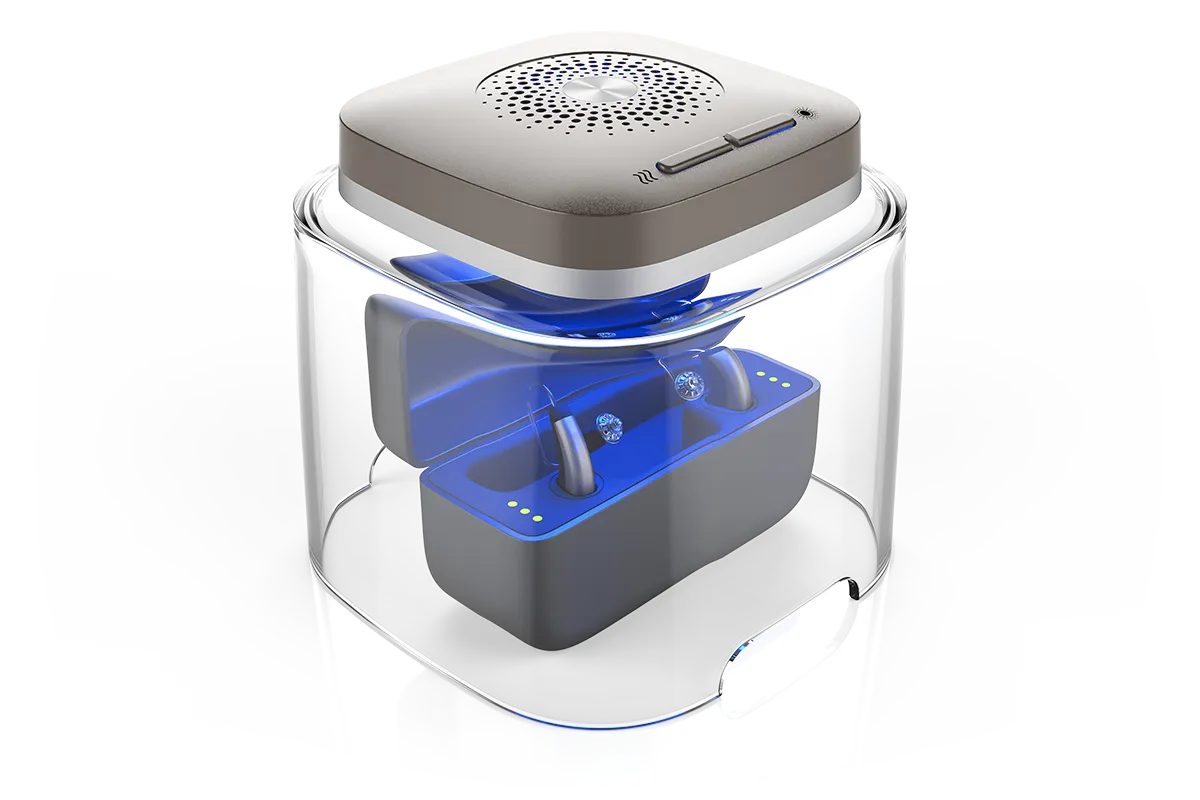 aparat słuchowy w pojemniku osuszającym z tabletką