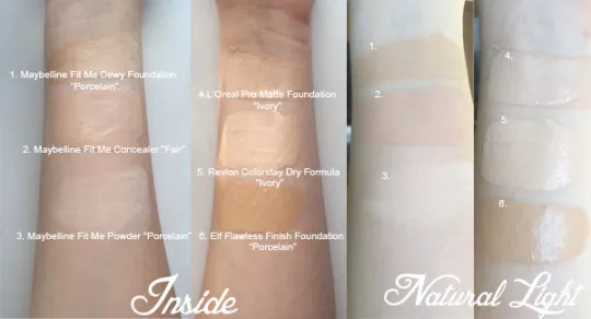 swatches of Maybelline Fit Me Luminous + Smooth foundation shades 105 110 120