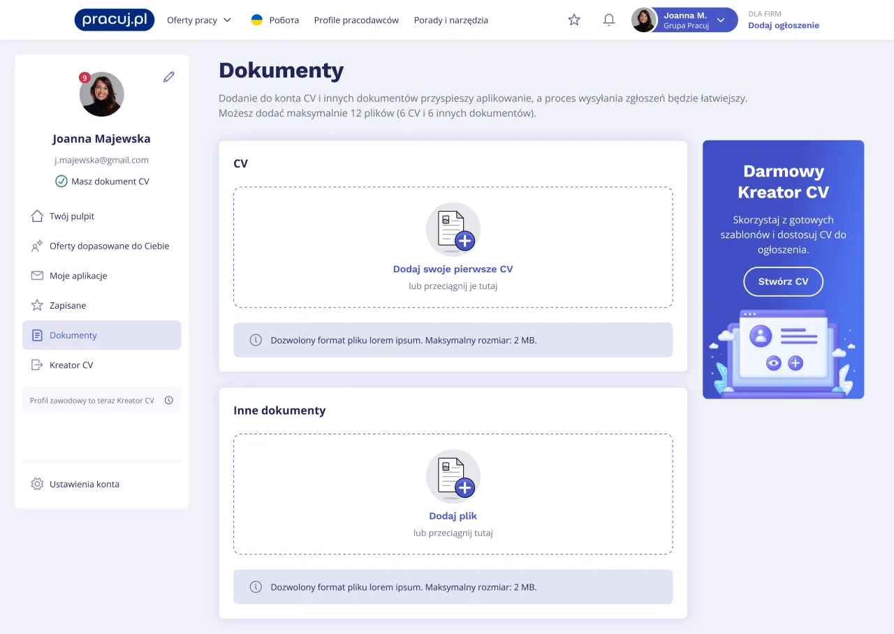 Pracuj.pl panel użytkownika moje CV