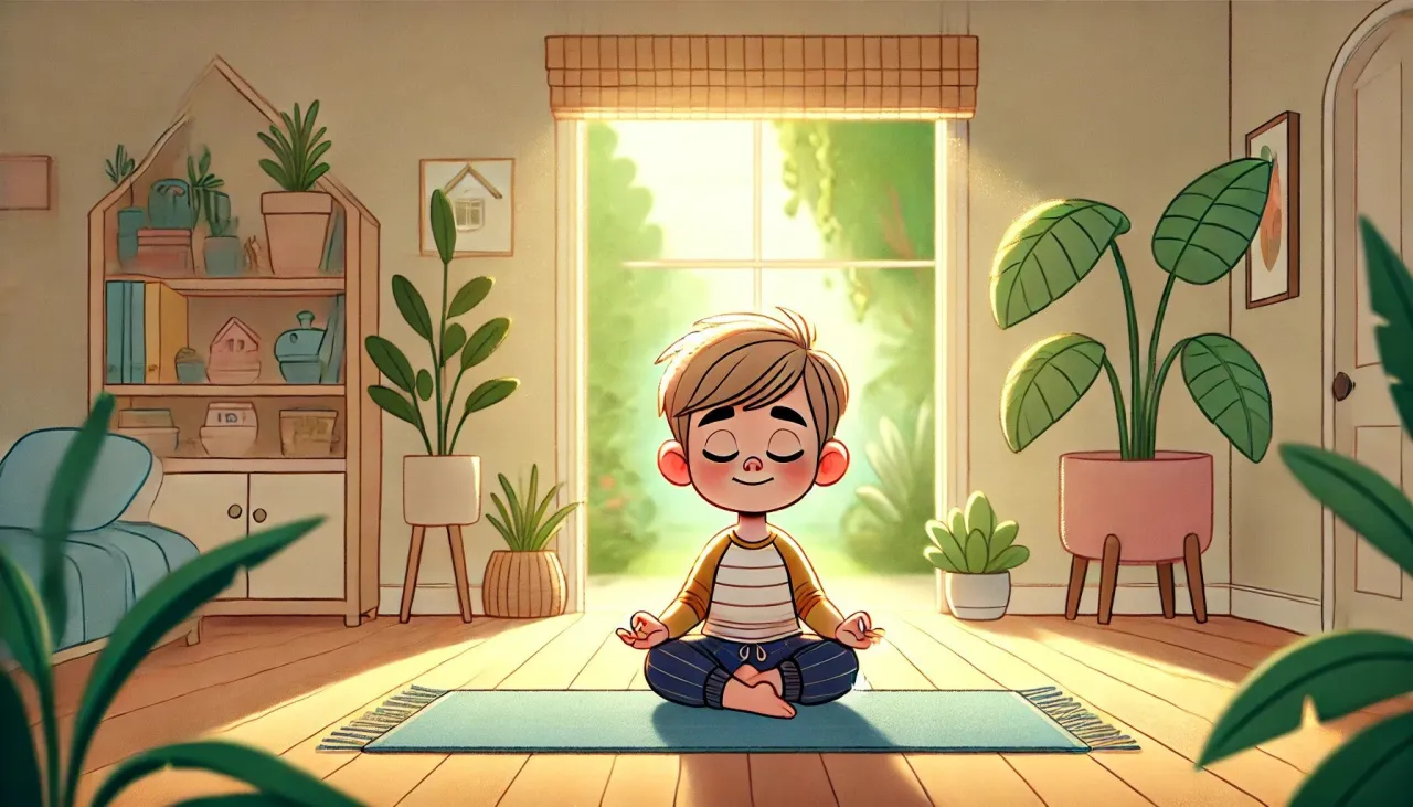 Chłopiec w pozycji lotosu ćwiczy medytację dla dzieci w słonecznym pokoju pełnym roślin.