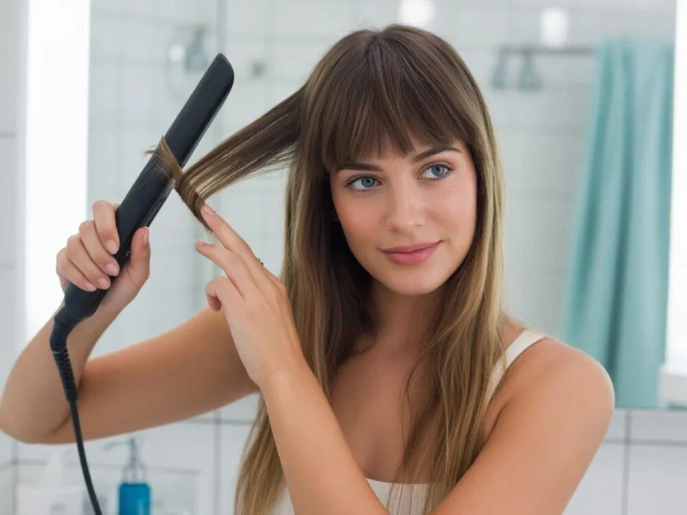 kobieta stylizująca grzywkę prostownicą w łazience
