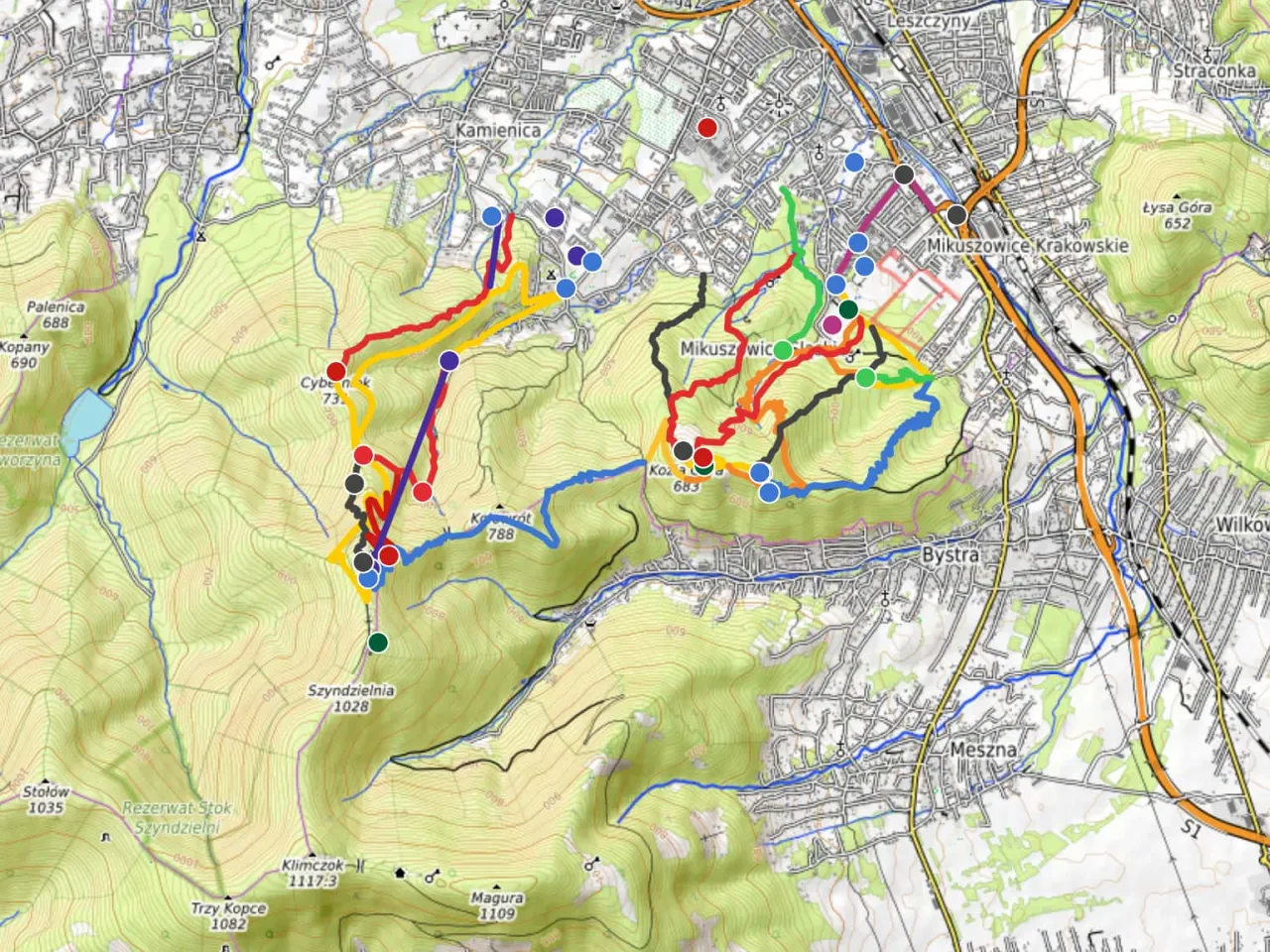 Mapa szlak&oacute;w turystycznych Kozia G&oacute;ra Bielsko-Biała