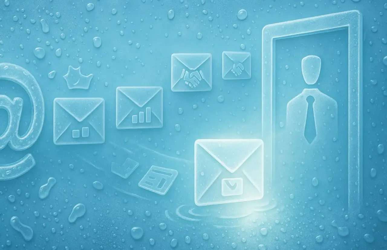 Ikony poczty, w tym symbol @ i koperty, unoszą się na wodnej powierzchni, sugerując wysyłanie cold email.