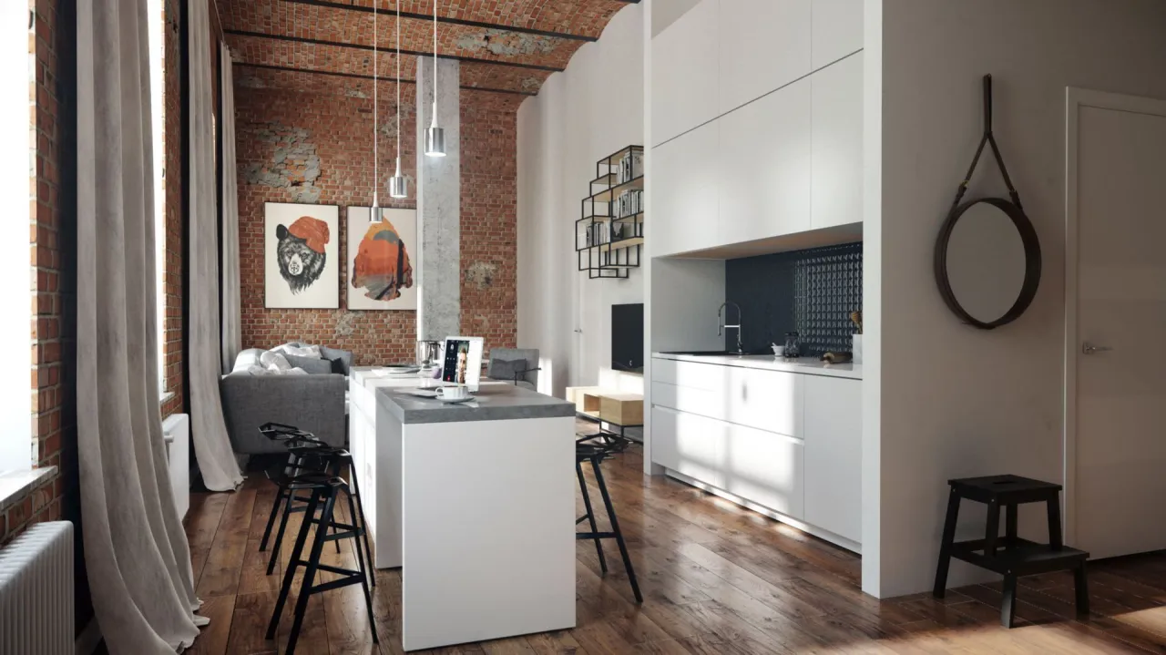 cegła i beton w kuchni z drewnianym blatem