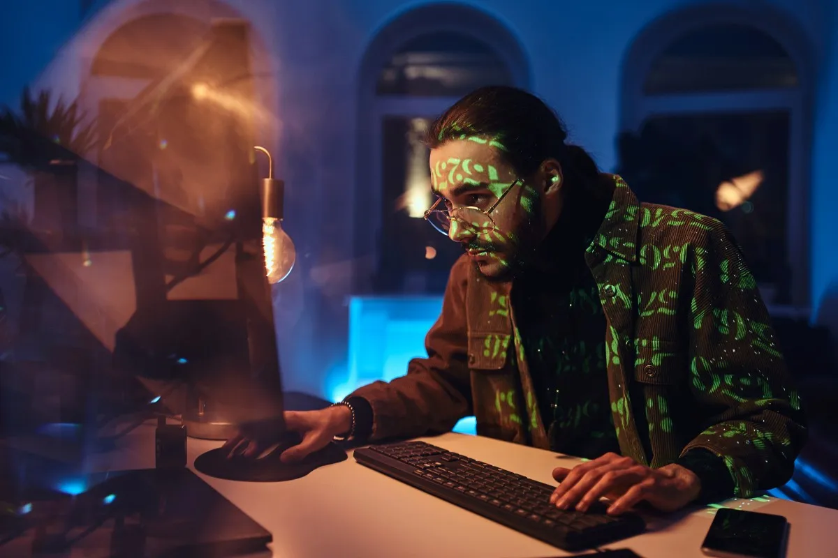 Mężczyzna w okularach, z zielonym kodem na twarzy, pracuje przy komputerze, szukając sposobu, jak usunąć wirusa z komputera.