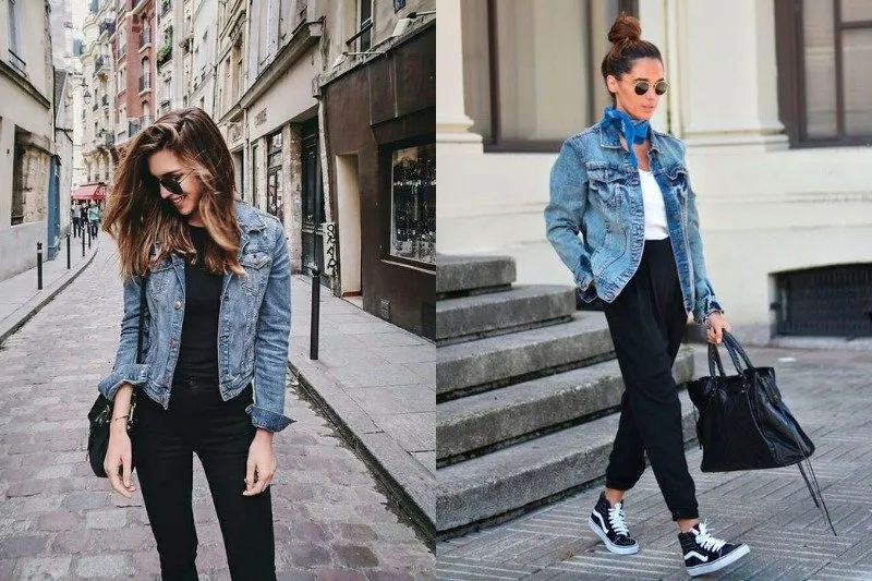 Stylizacje z kurtką jeansową i spodniami materiałowymi