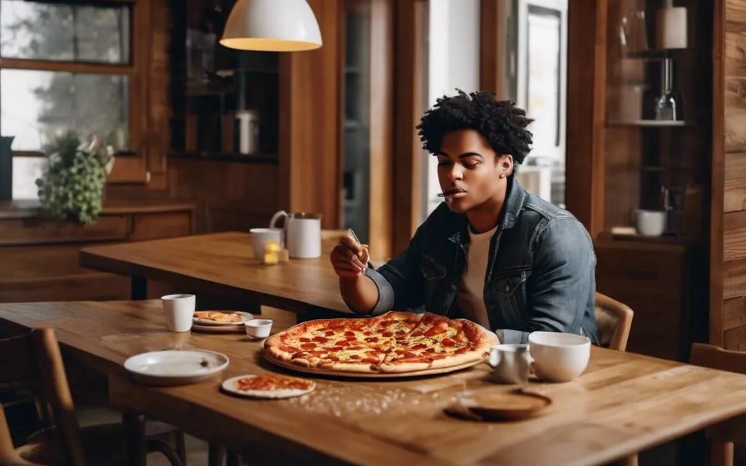 osoba je pizzę w pokoju hotelowym