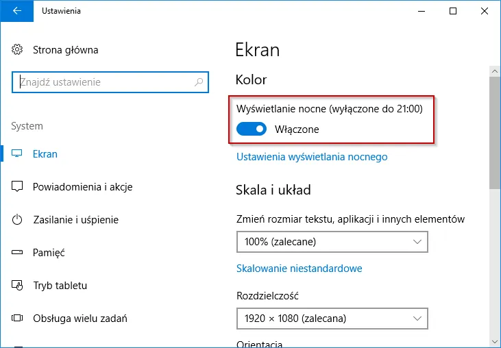 Windows 10 Centrum Akcji wyświetlanie nocne
