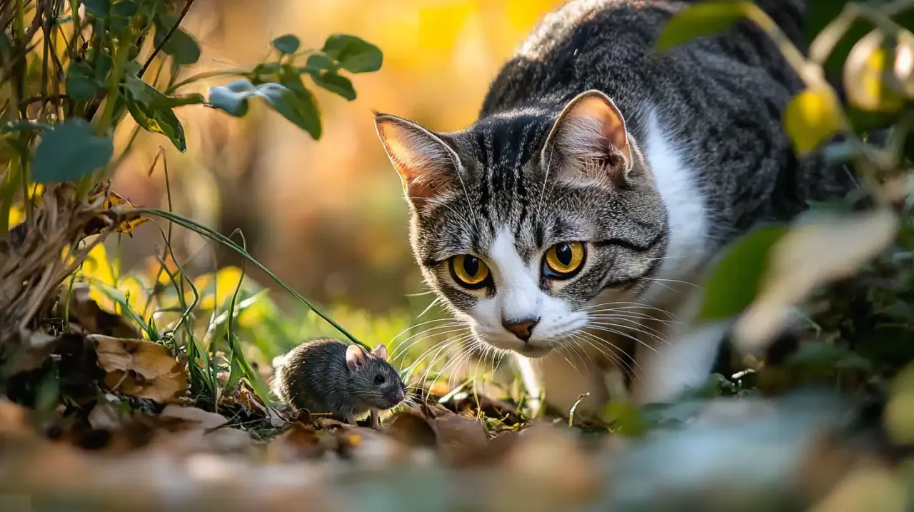 Kot z żółtymi oczami wpatruje się w małą mysz. Czy koty jedzą myszy? To pytanie zadaje sobie wielu, a ten obraz pokazuje potencjalną odpowiedź.