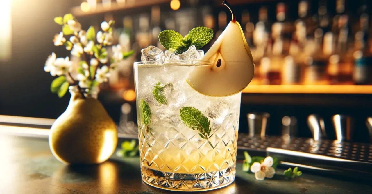 drink z wódką gruszkową i spritem w wysokiej szklance z lodem i limonką