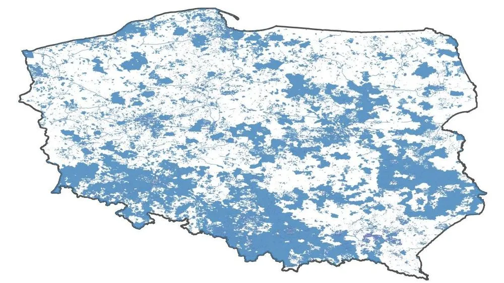 Mapa Polski z zaznaczonymi gminami i planami zagospodarowania