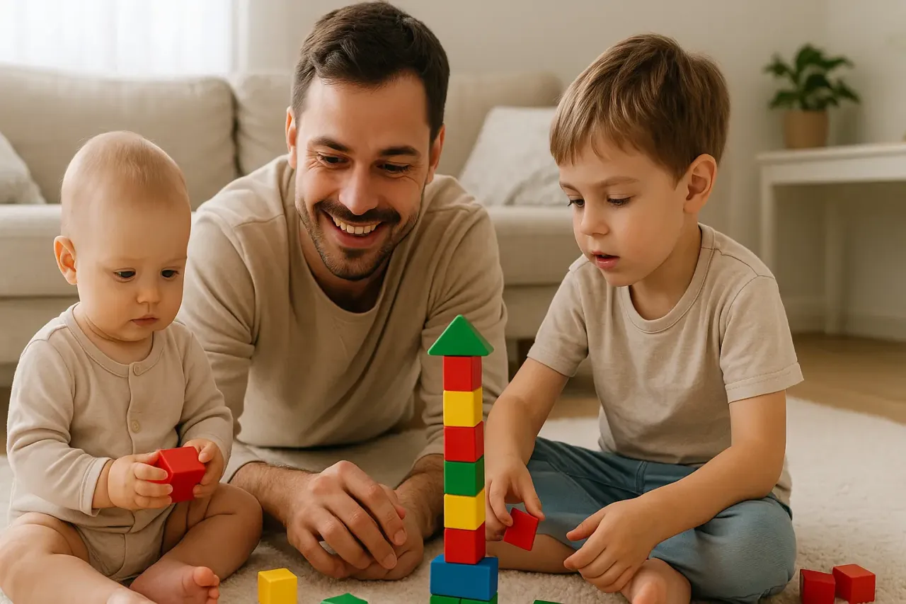 Ojciec buduje wieżę z klocków z synem, który ma około 5 lat. Obok siedzi malutkie dziecko.