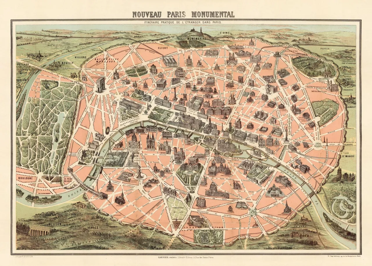 Stara mapa Paryża, stolicy Francji, z widocznymi zabytkami, parkami i rzeką Sekwaną.