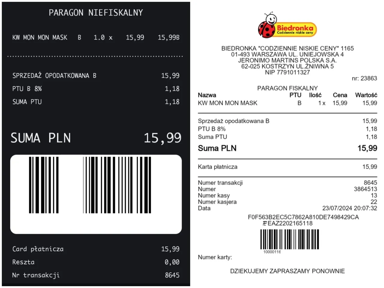 Paragon fiskalny z Biedronki: zakup 