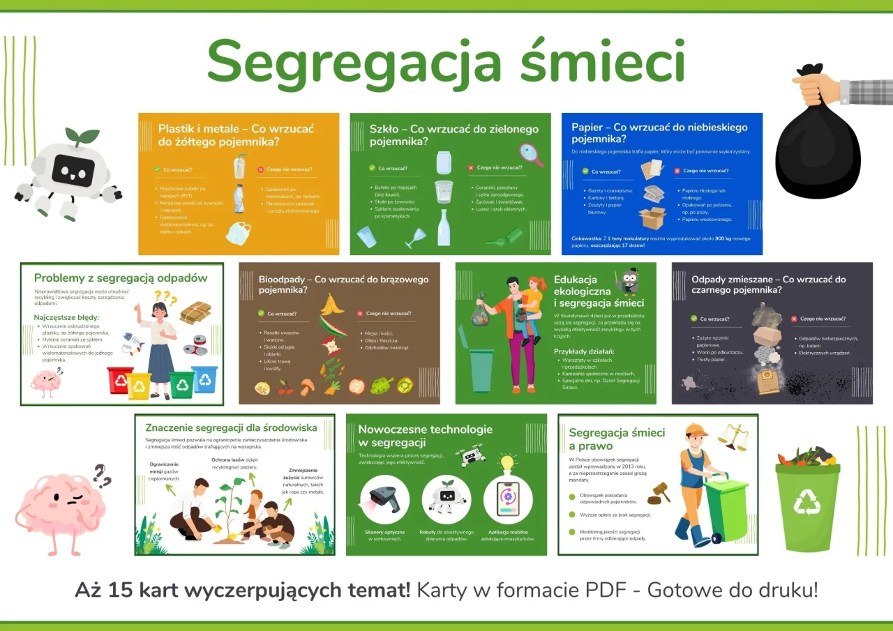 Infografika o segregacji śmieci, z podziałem na kolory pojemnik&oacute;w i przykłady odpad&oacute;w. Aplikacja do segregacji śmieci może pom&oacute;c w nauce.