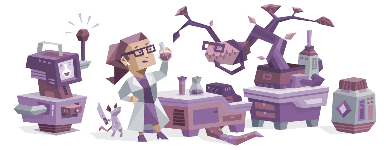 Kobieta z okularami, typ intp osobowość, bada tajemnicze mikstury w laboratorium pełnym dziwnych urządzeń i roślin.