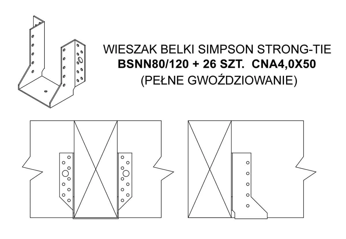 Wieszak belkowy Simpson Strong-Tie do łączenia drewna konstrukcyjnego. Schemat montażu z użyciem gwoździ.