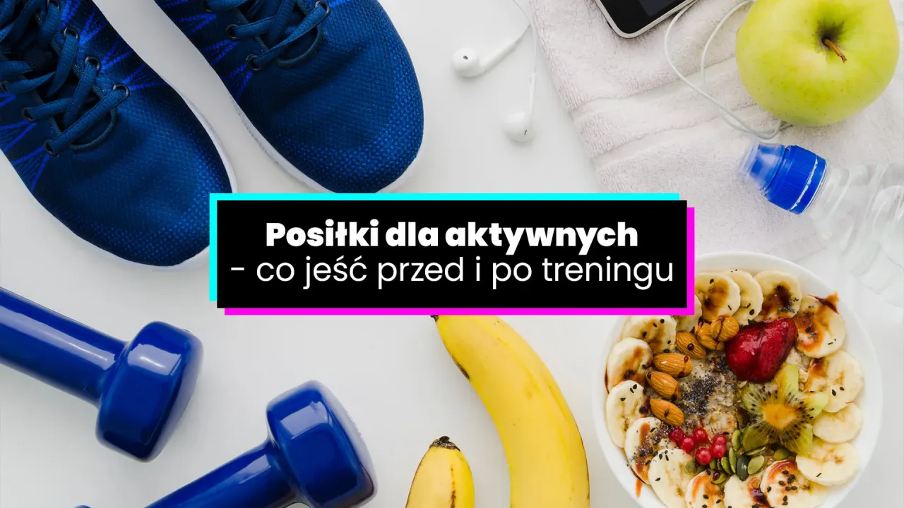 Buty sportowe, hantle, jabłko i owsianka z owocami. Dowiedz się, co jeść przed treningiem, by mieć energię.