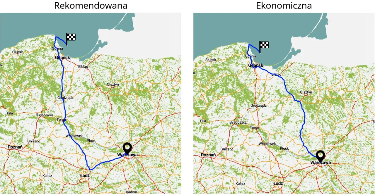 Mapa tras samochodowych Warszawa Kołobrzeg porównanie