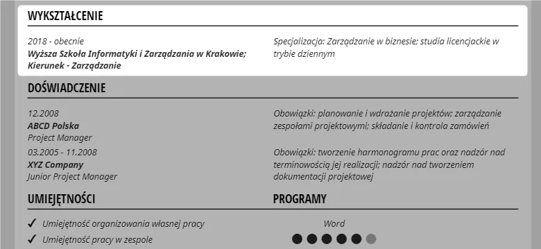 przykładowa sekcja edukacja w CV