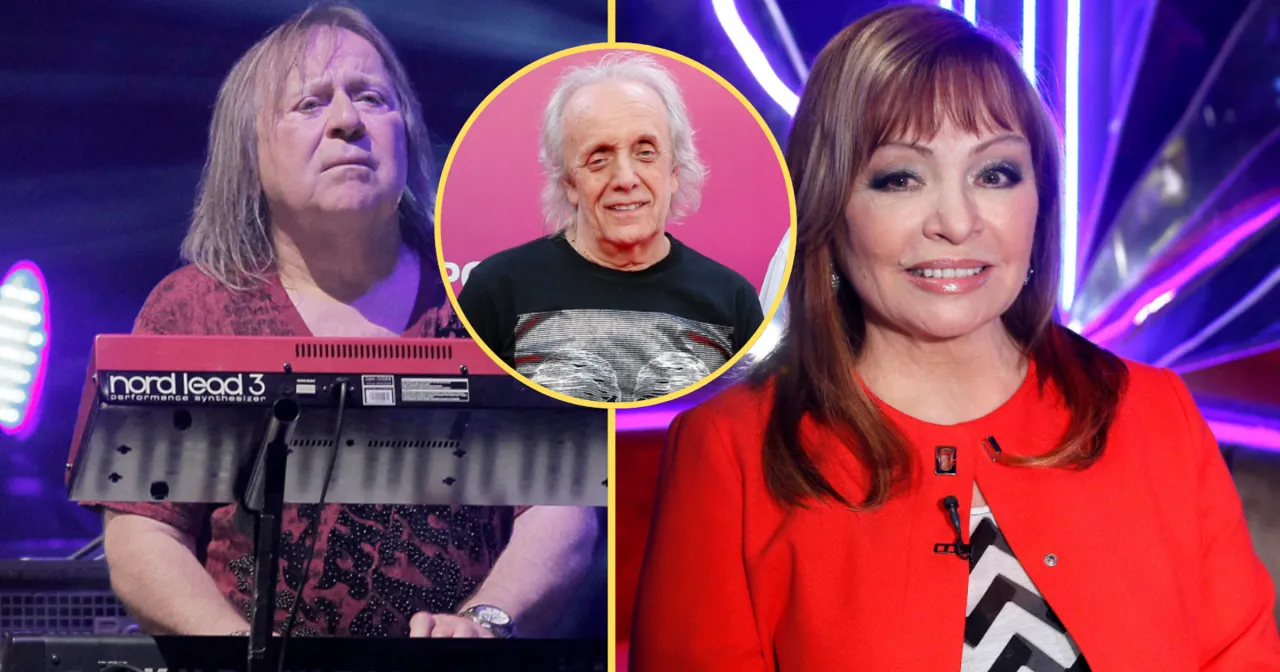 Na alei gwiazd kto śpiewa? Trzech artyst&oacute;w: Rick Wakeman przy keyboardzie, w okręgu wokalista z długimi włosami, obok uśmiechnięta kobieta w czerwonym.