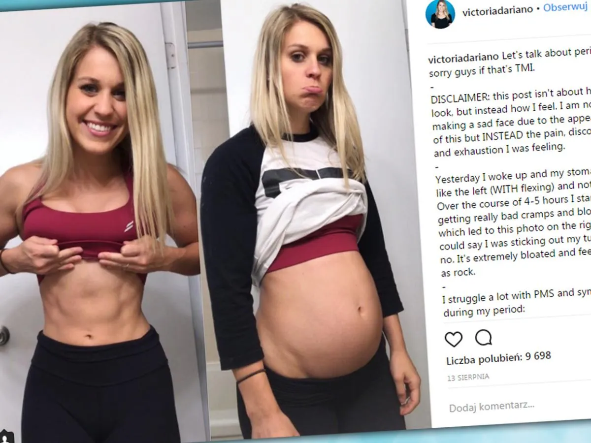 Kobieta zaniepokojona, trzymająca się za brzuch, w tle kalendarz z zaznaczonymi dniami