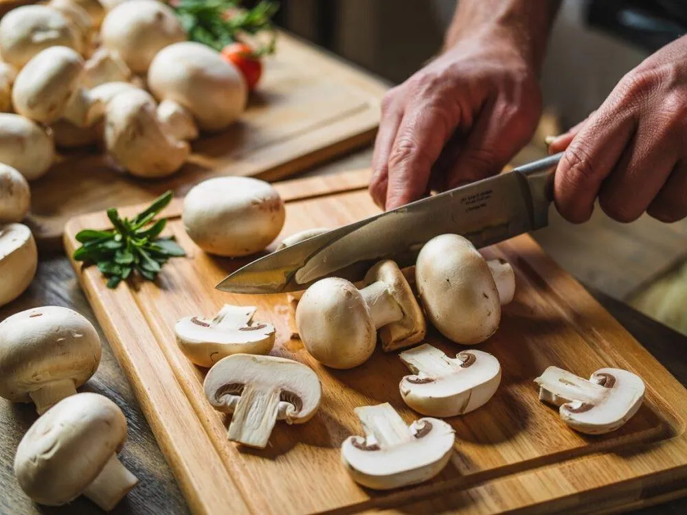 świeże pieczarki na desce do krojenia