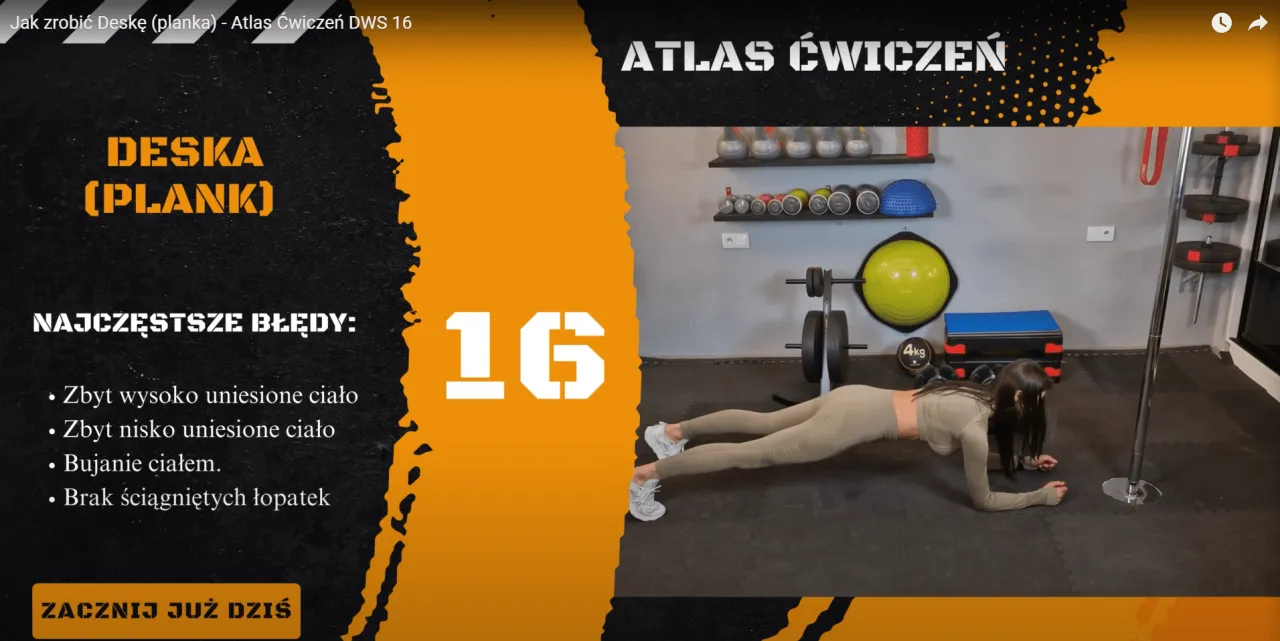 Kobieta wykonuje ćwiczenie deska (plank). Na ekranie widnieje napis 