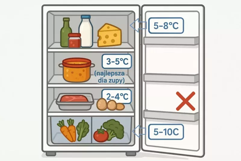 schemat stref temperatur w lodówce tradycyjnej