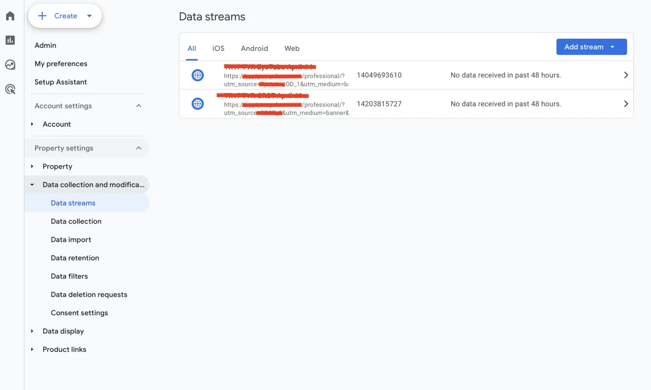 Strumienie danych z parametrami utm_source i utm_medium. Widoczne są dwa wpisy, oba z informacją
