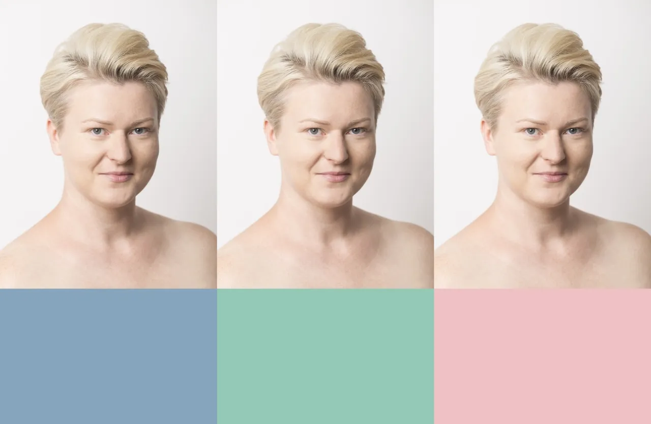 Trzy ujęcia kobiety z jasnymi włosami, uśmiechniętej. Tło podzielone na trzy pastelowe kolory: niebieski, zielony i różowy. Idealne na jasne lato.