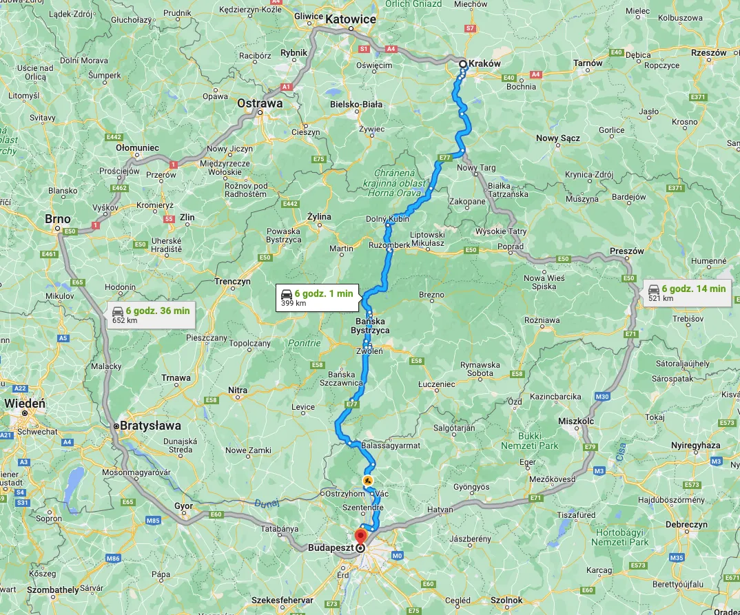 Mapa trasy Kraków Budapeszt przez Słowację