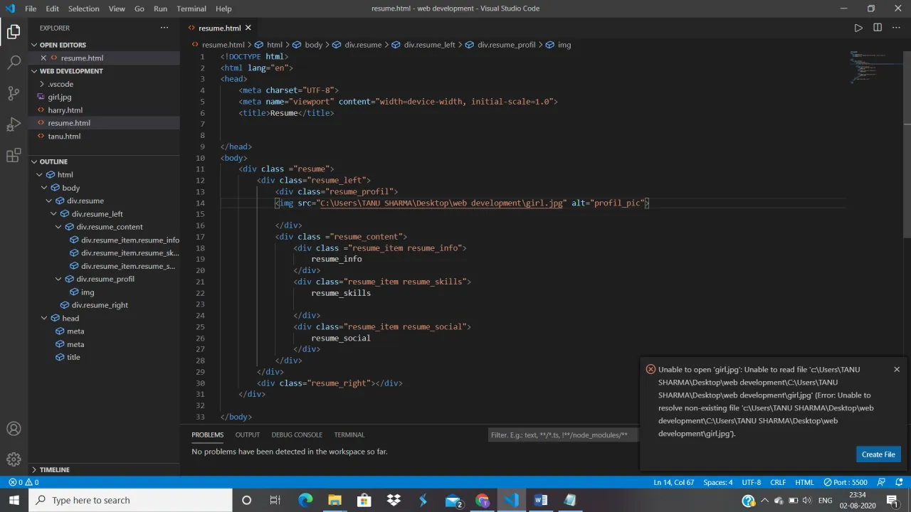 Visual Studio Code screenshot with HTML code