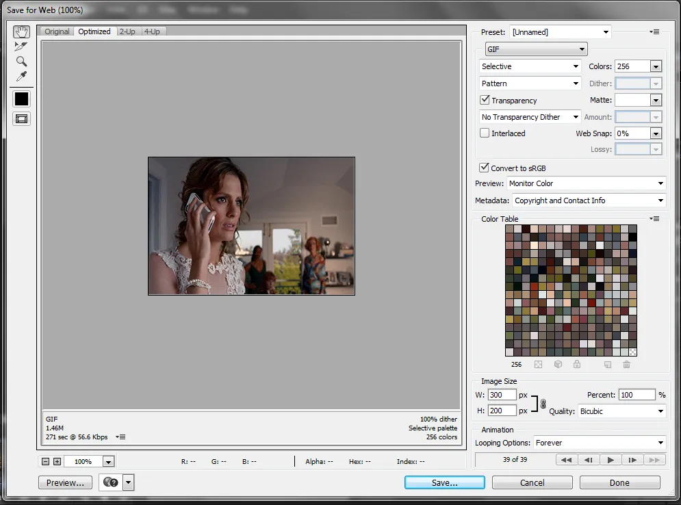 Photoshop save for web gif settings