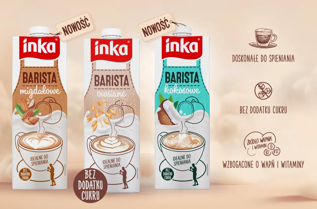 Trzy kartony napojów Inka Barista: migdałowy, owsiany i kokosowy. Idealne do spieniania, bez dodatku cukru. Czy kawa z mlekiem tuczy? Te napoje nie!