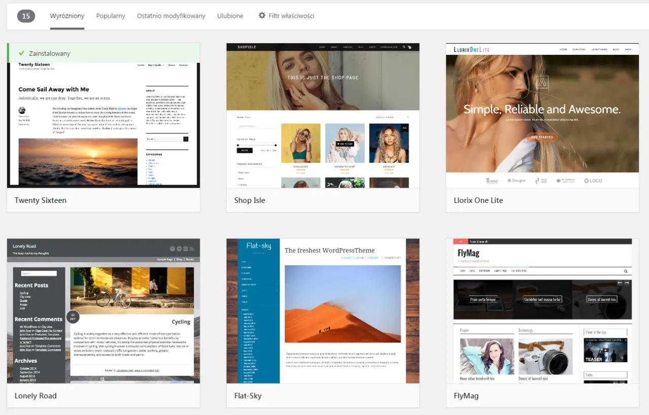 Szablony WordPress: Twenty Sixteen, Shop Isle, Llorix One Lite, Lonely Road, Flat-Sky, FlyMag. Dowiedz się, jak założyć stronę na WordPressie.