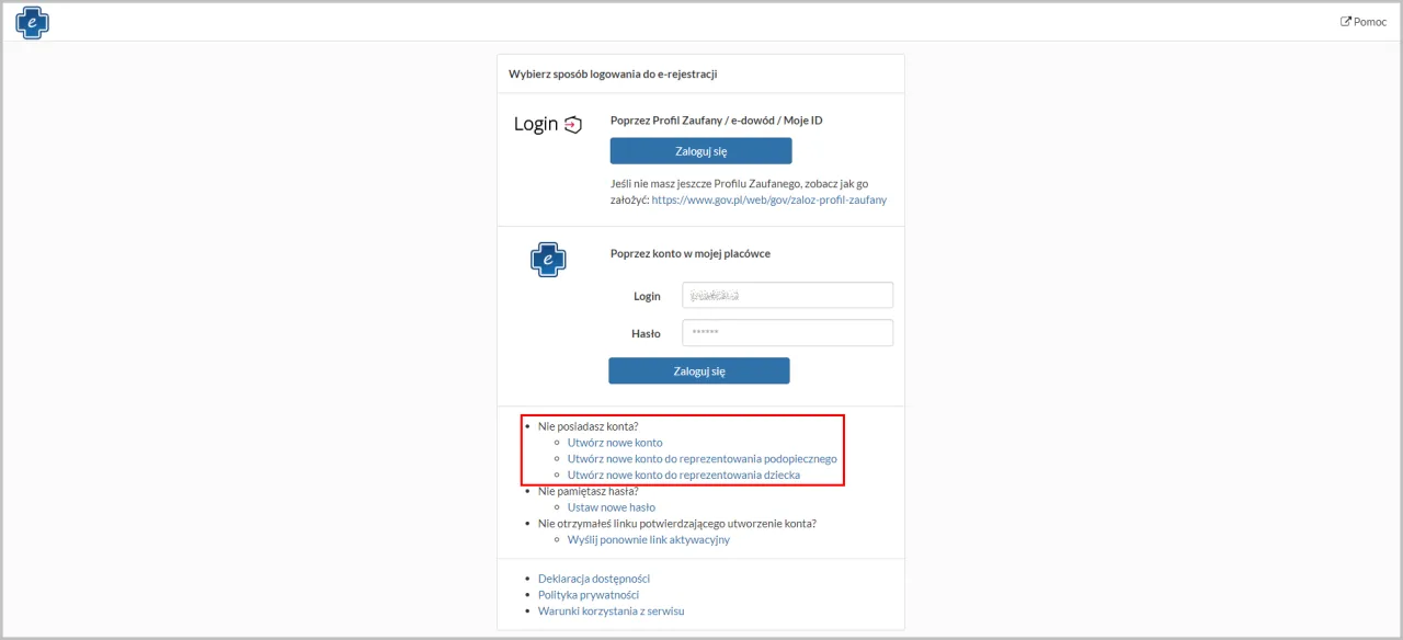 Ekran logowania do Profilu Zaufanego, widok na portal Emp@tia